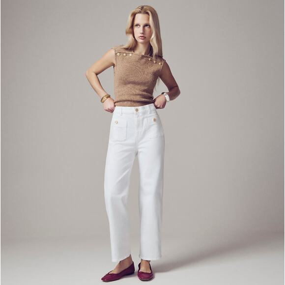 J.Crew Petite Sailor Slim Wide Leg Jean High Rise Gold Buttons White US 29P NWT - Picture 1 of 15